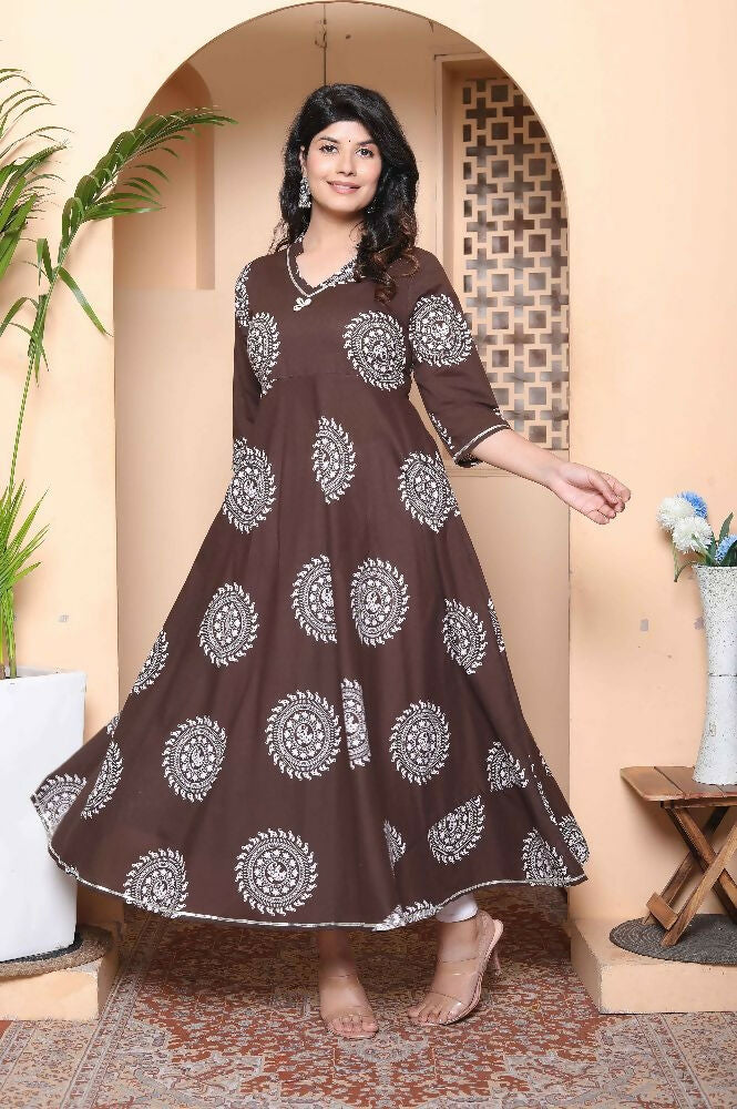 Miravan Womens Printed V-Neck Cotton Anarkali Kurta Brown - Distacart