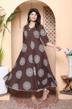 Thumbnail for Miravan Womens Printed V-Neck Cotton Anarkali Kurta Brown - Distacart