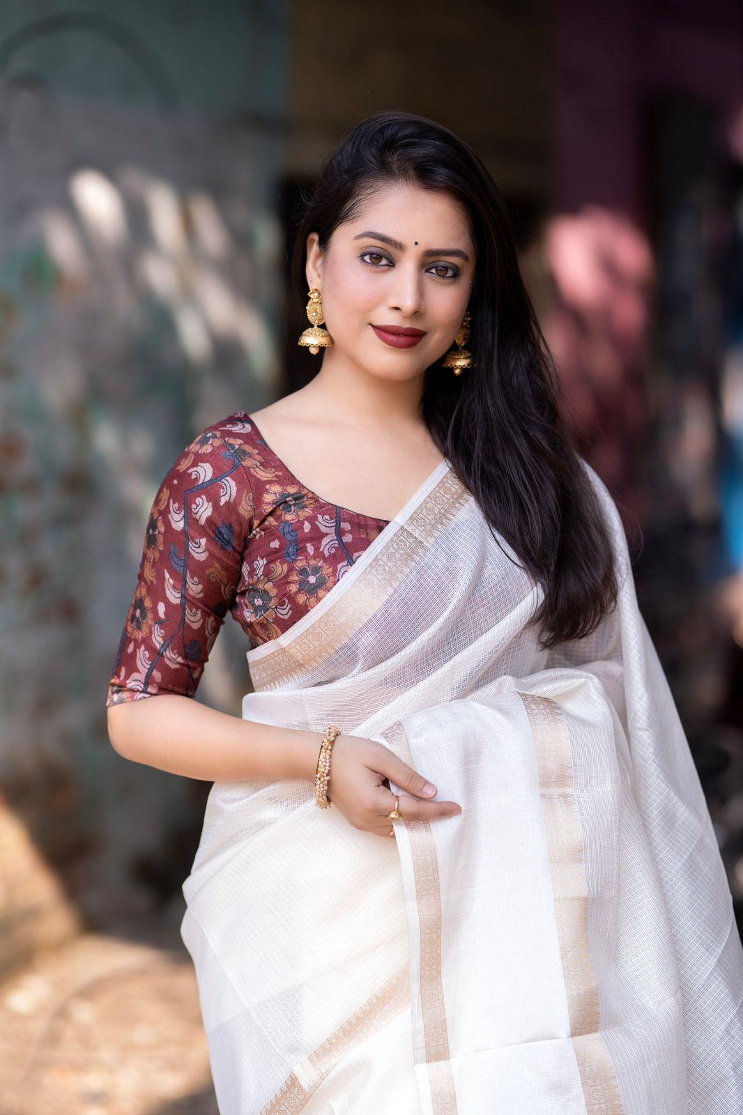 White Silk Blend Kalamkari Saree with Unstitched Blouse - Hiral Fashion - Distacart