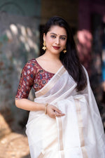 Thumbnail for White Silk Blend Kalamkari Saree with Unstitched Blouse - Hiral Fashion - Distacart