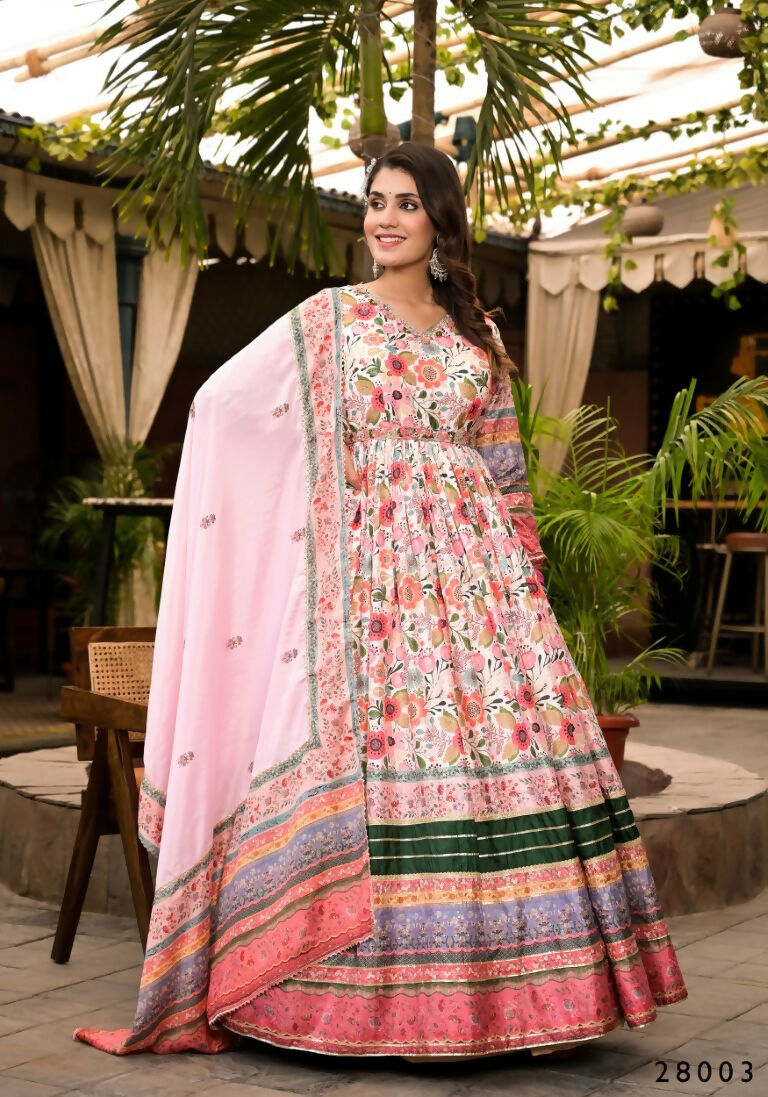 Wedding Designer Multi Soft Dola Silk Anarkali suit with Dupatta - Sanj - Distacart