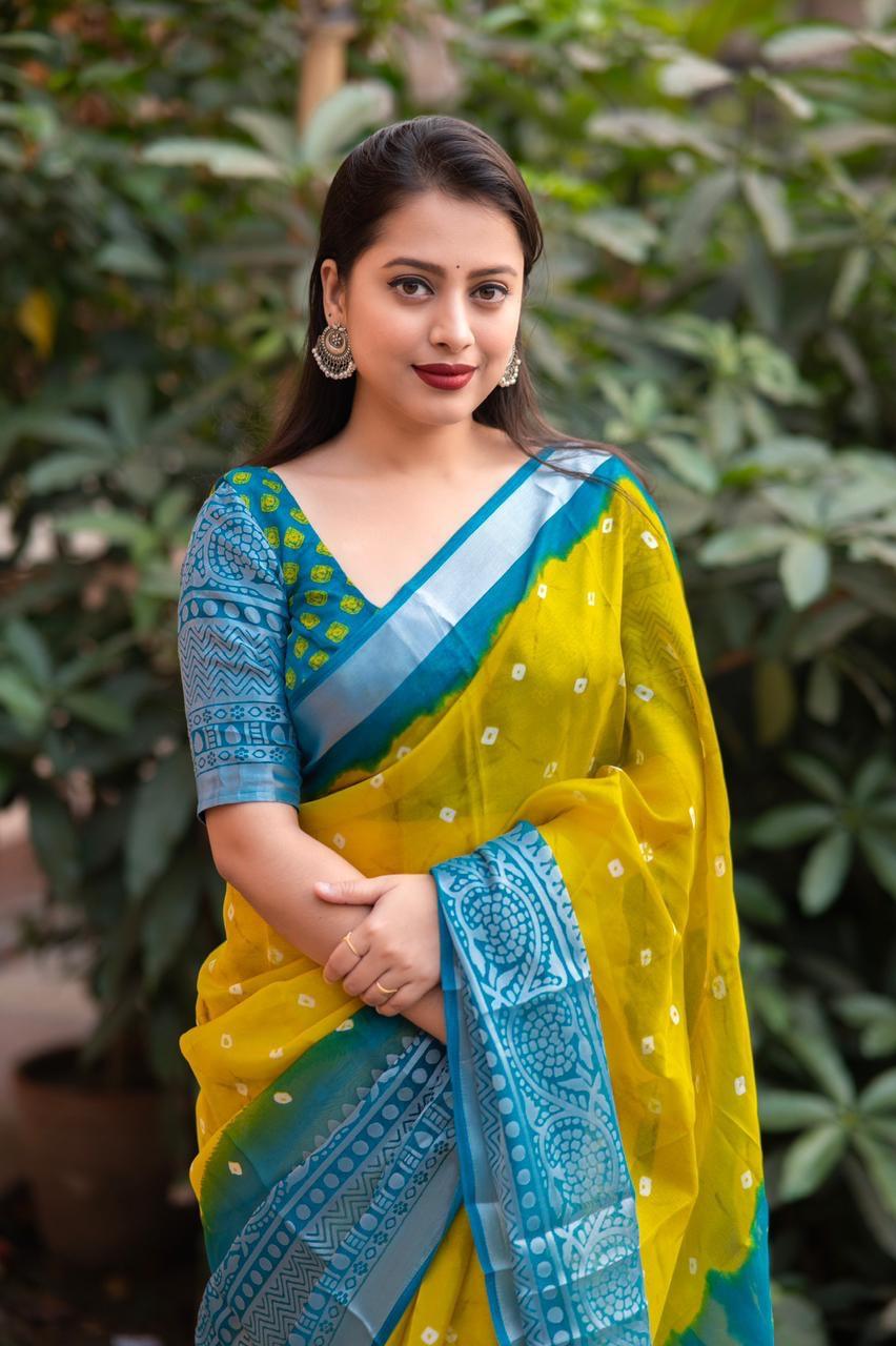 Yellow Jute Silk Ethnic Motifs Saree with Unstitched Blouse - A2M - Distacart