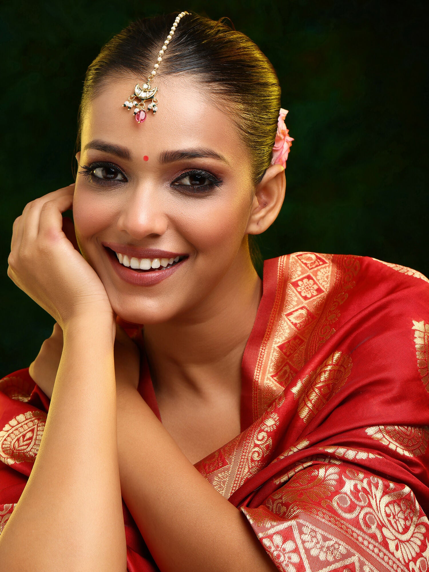 Ruby Raang Gold Polished Maroon Kundan Maang Tikka