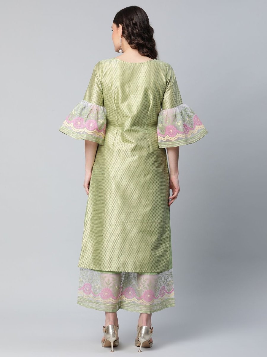 Ahalyaa Women's Light Green Poly Silk Gold Printed Kurta Palazzo Set - Distacart