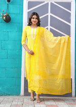 Thumbnail for Alvano Printed Beautiful Straight Kurti with Pant and Dupatta set for Women and Girls (Yellow) - Distacart
