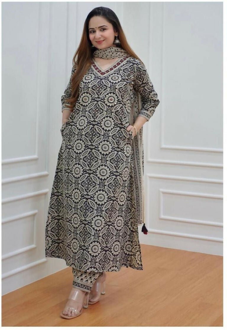 Alvano Anarkali Printed Kurti with Pant and Dupatta set for Women and Girls Rayon - Distacart