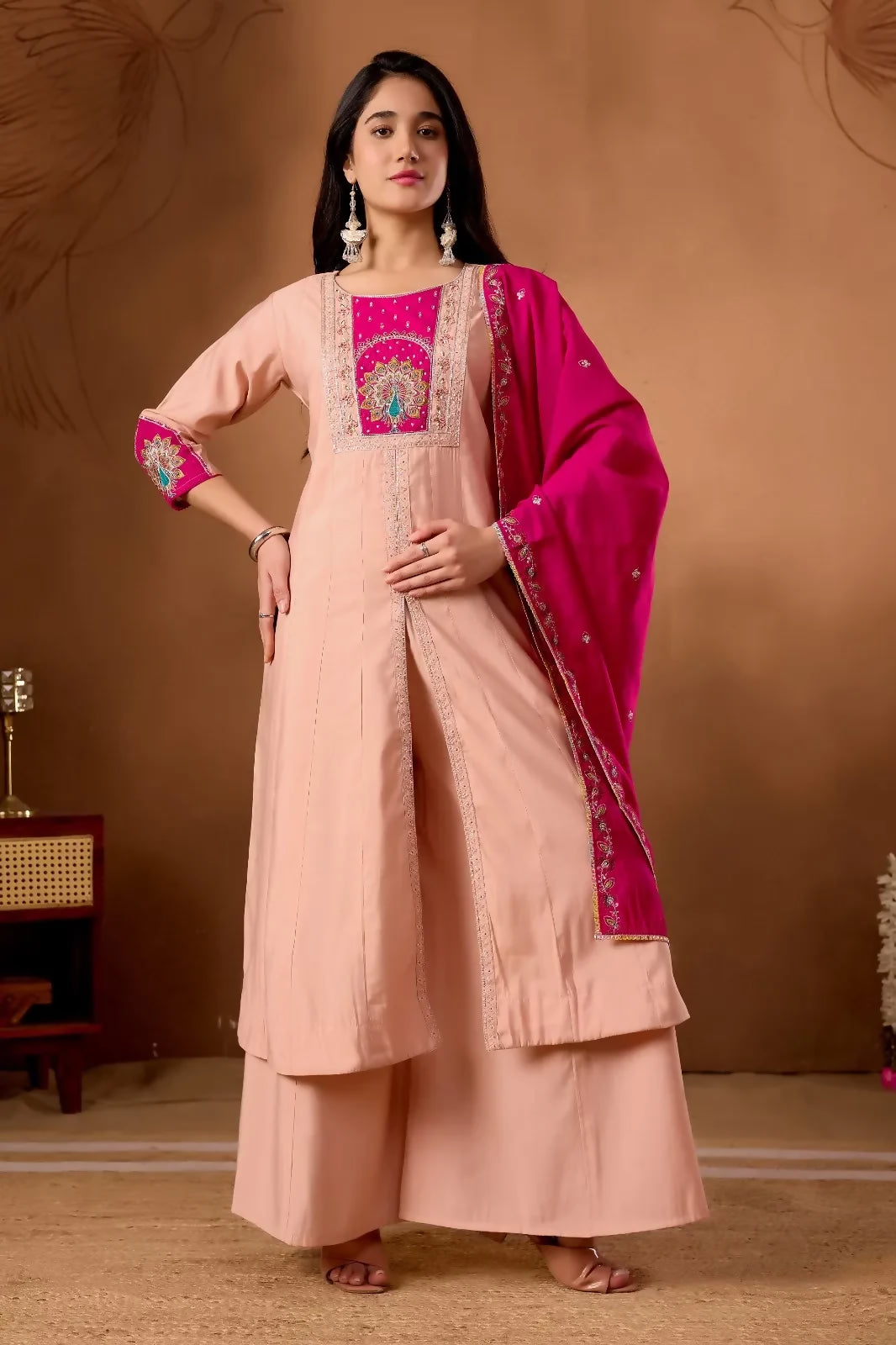 Teeya Creation Peach & Rani Pink Embroidered Straight Kurti Palazzo Set with Dupatta - Dista