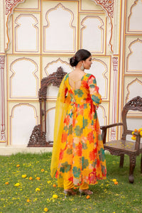 Thumbnail for Vaasva Women Mustard Organza Multi Floral Print & Embroidered Anarkali Kurta, Pant & Dupatta set - Distacart