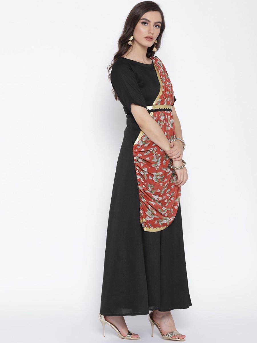 Ahalyaa Women's Black Poly Silk Kurta With Printed Dupatta