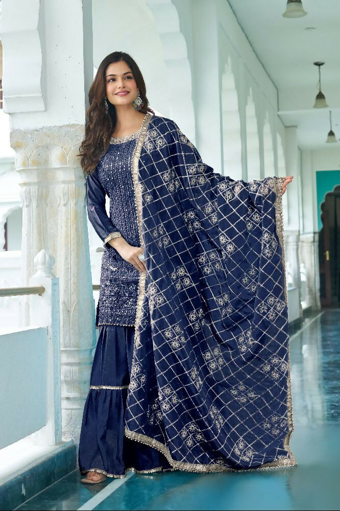 Teeya Creation Blue Colour Chinnon Silk Heavy Embroidery Work Fully Stitched Salwar Suit - Distacart