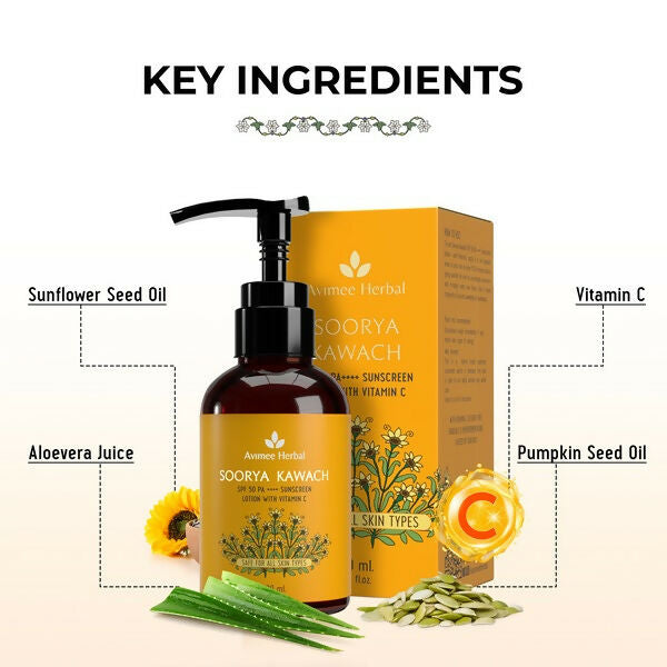 Avimee Herbal Soorya Kawach SPF 50 PA++++ Vitamin C Sunscreen Lotion - Distacart