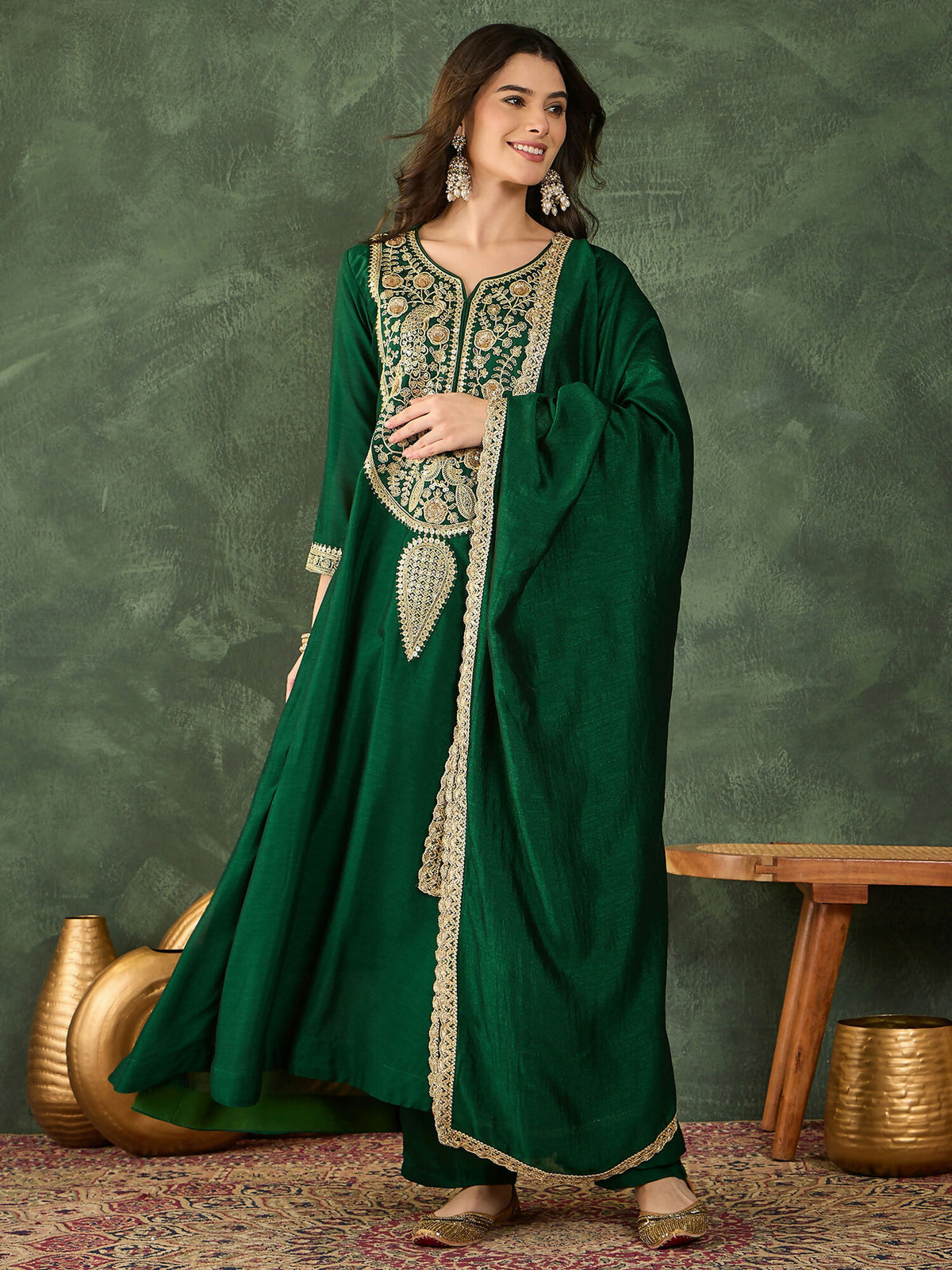 The52 Women's Beautiful Embroidery Work Vichitra Silk Fabric Flared Kurta Pant and Dupatta Set-Green - Dista