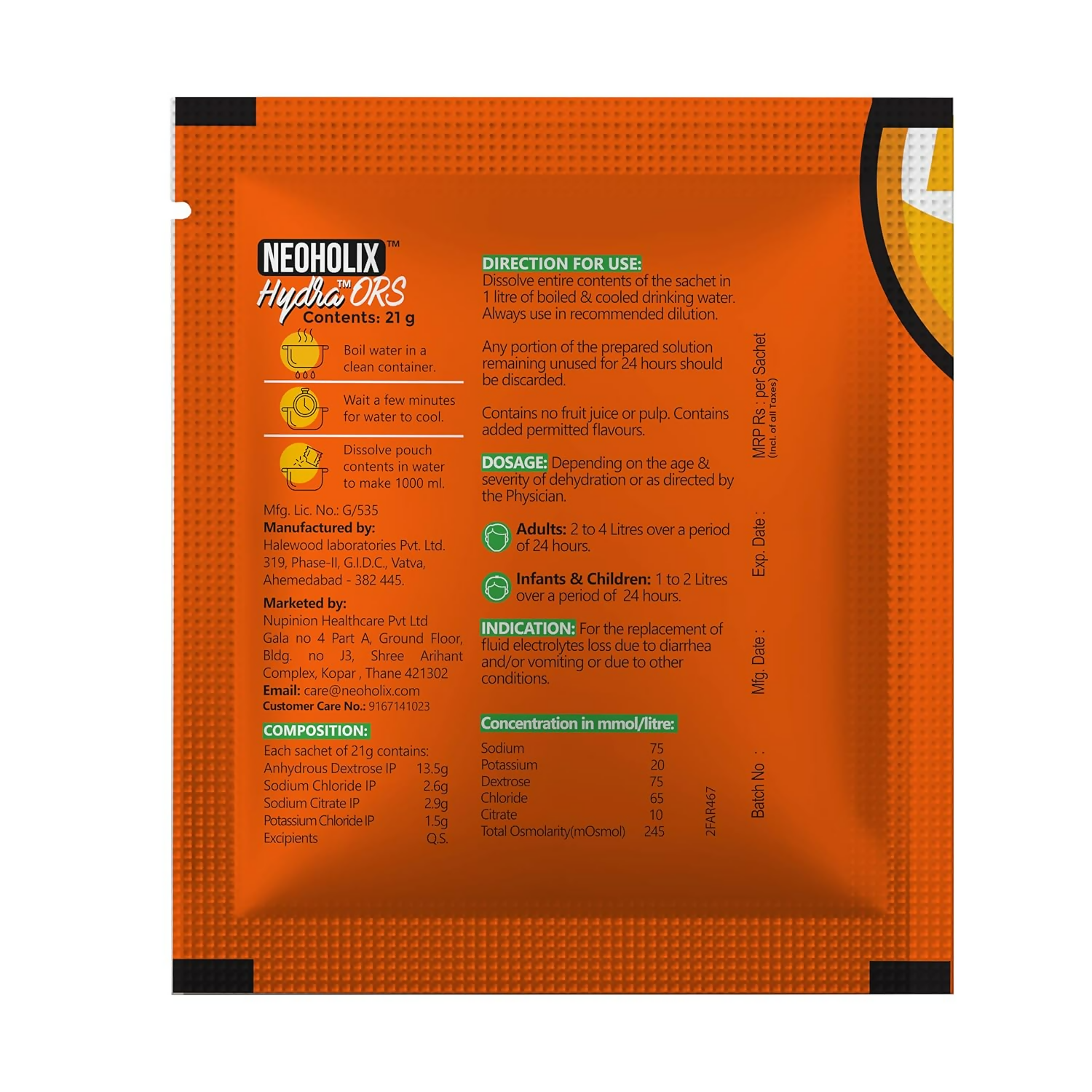 NeoHolix Hydra ORS Sachets Orange Flavour - Distacart