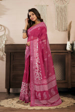 Thumbnail for Joban Fashion Pink Floral Linen Ready To Wear Saree With Unstitched Blouse - Distacart