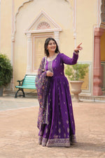 Thumbnail for Preksha Creation Indian Festival Special Women Chinon And Sequins Embroidered Work Gown With Dupatta - Purple - Distacart