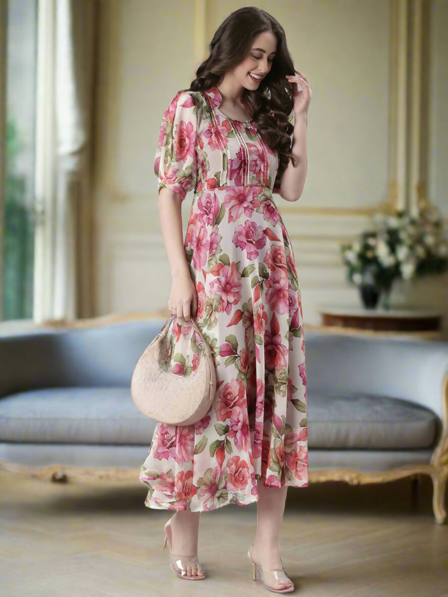 Souchii Cream Floral Chiffon Dress - Dista