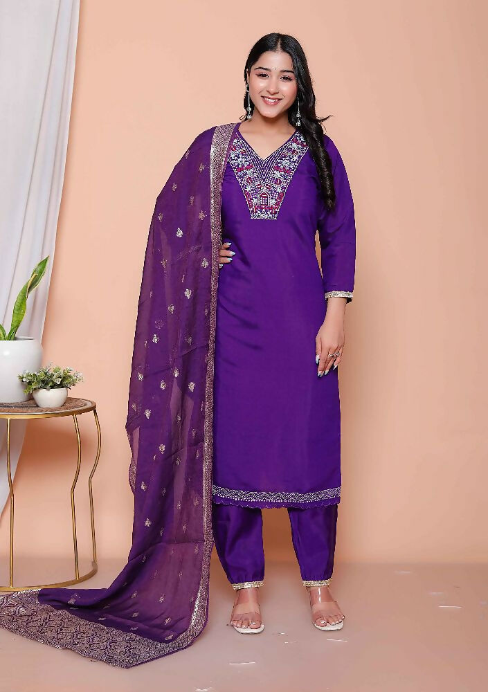 Miravan Womens Purple Muslin Straight Kurta And Palazzo With Dupatta Suit Set - Distacart