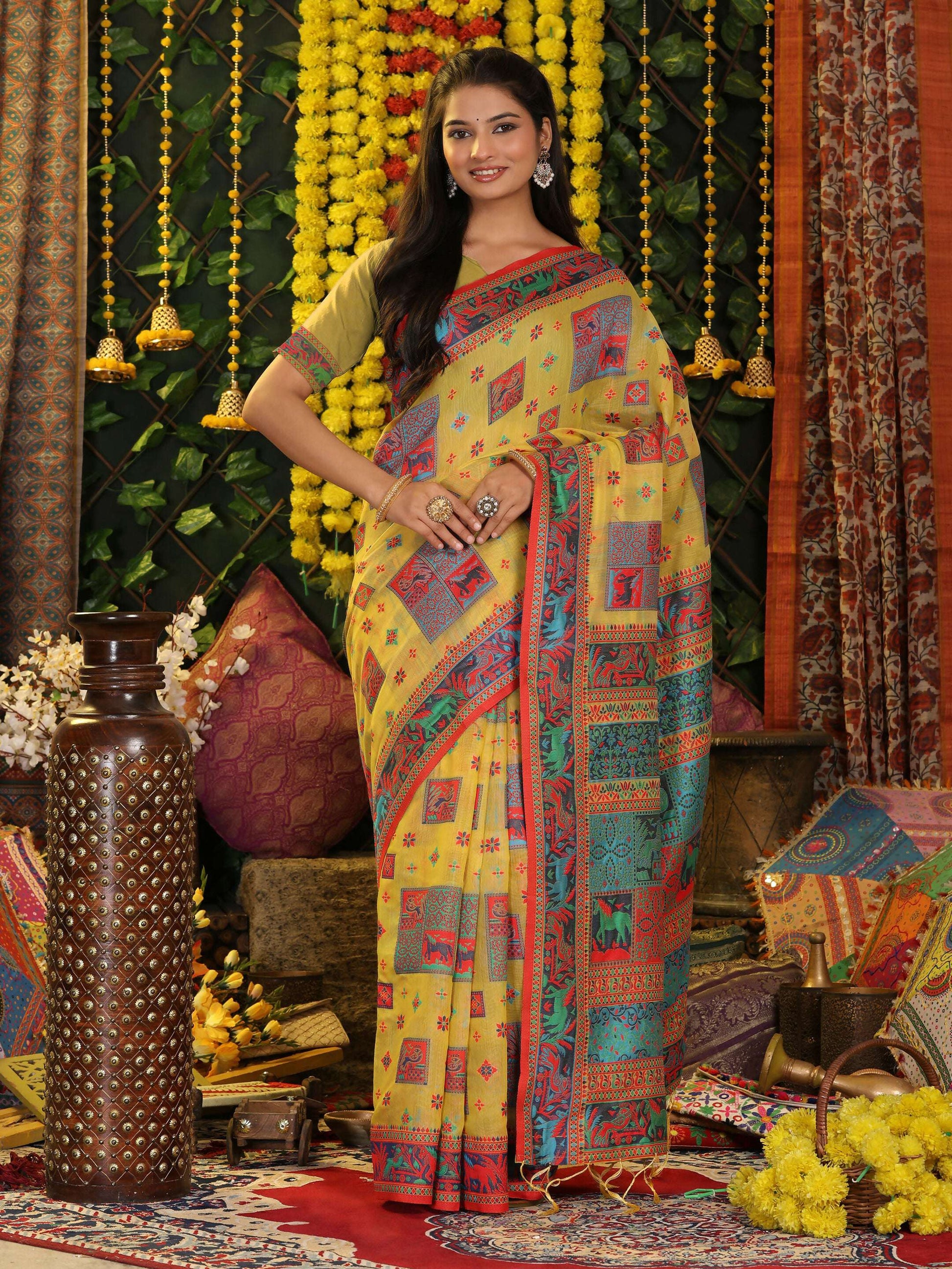 Shree Shyam Fashion Linen Cotton Yellow Saree - Distacart