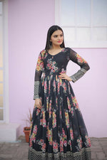 Thumbnail for Jyoti Fashion Women's Black Digital Print with Sequence Zari Embroidered Faux Georgette Anarkali Dress - Distacart