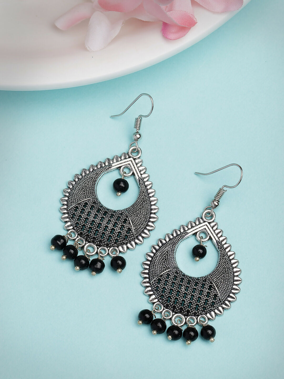NVR Women's Silver-Plated Artificial Beads German Silver Oxidised Chandbali Earrings - Distacart