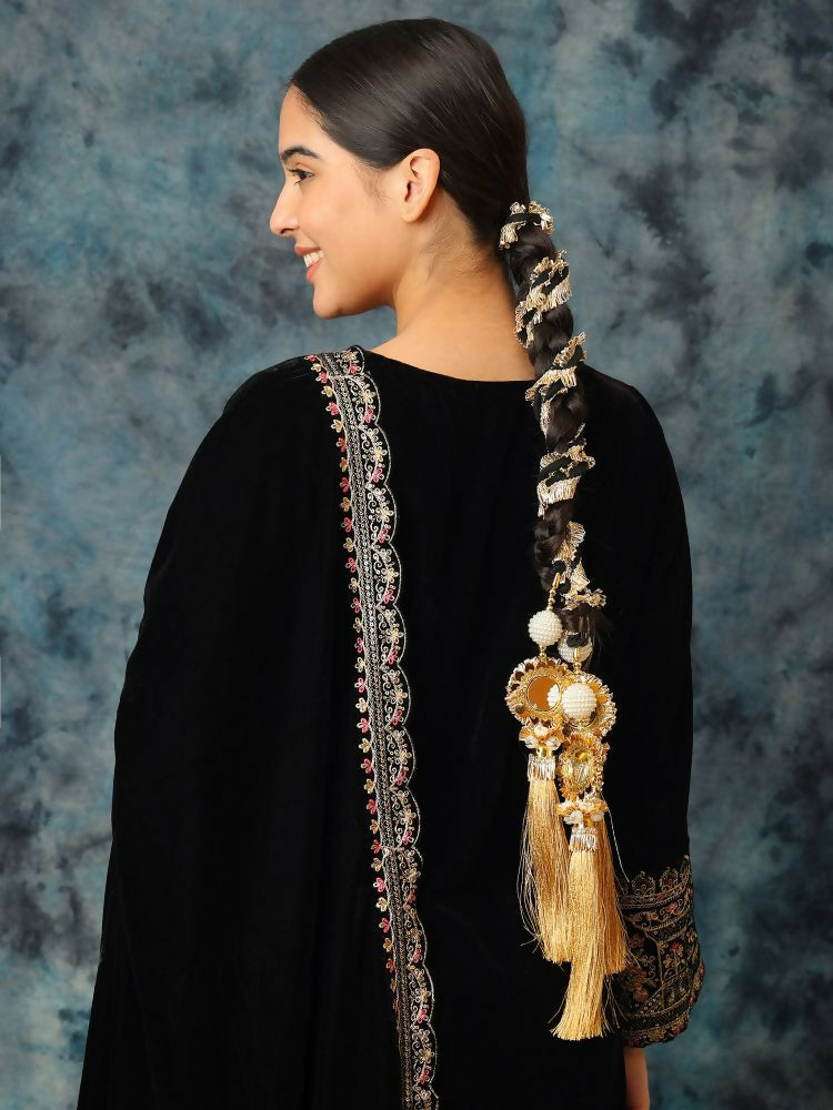 Ruby Raang Gold Gota Pati Work And Black Thread And Mirrors With Gold Stones & Pearls - Distacart