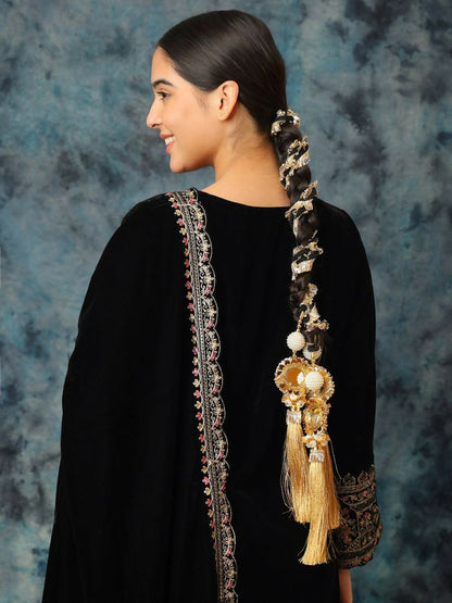 Ruby Raang Gold Gota Pati Work And Black Thread And Mirrors With Gold Stones & Pearls - Distacart