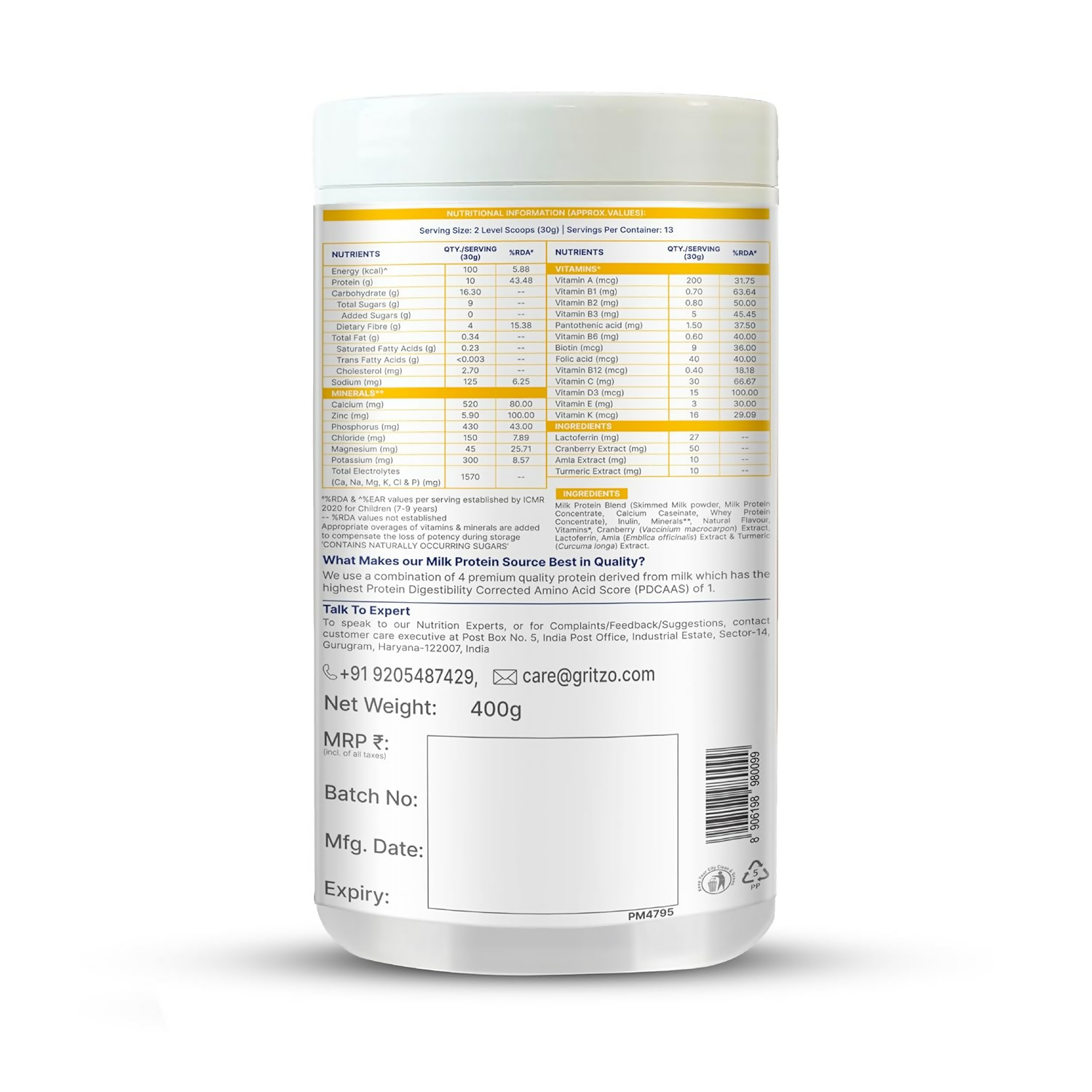 Gritzo SuperMilk Growth+ (Formerly Height+) Unsweetened Drink Mix (7-9y Girls), 10g Protein Powder- Creamy Vanilla - Distacart