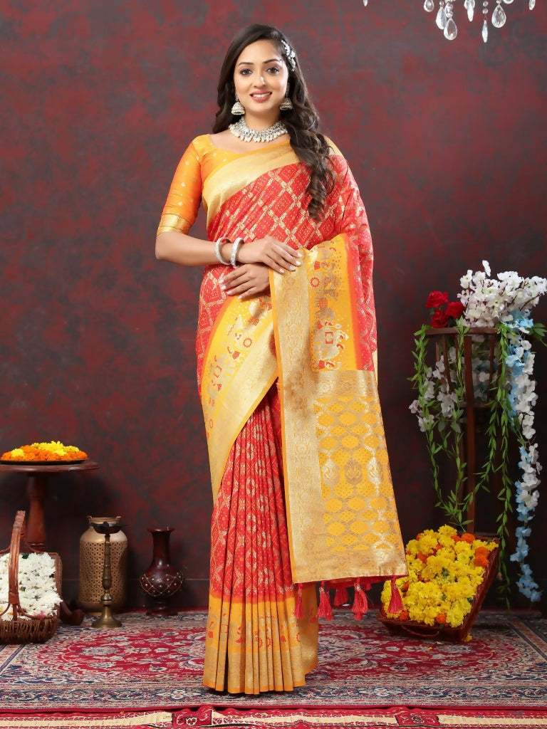Vastranavya Red Soft Patola Silk With Meenakari Weaving Motifs And Rich Zari Weaving Pallu Saree With Matching Blouse Fabric - Distacart