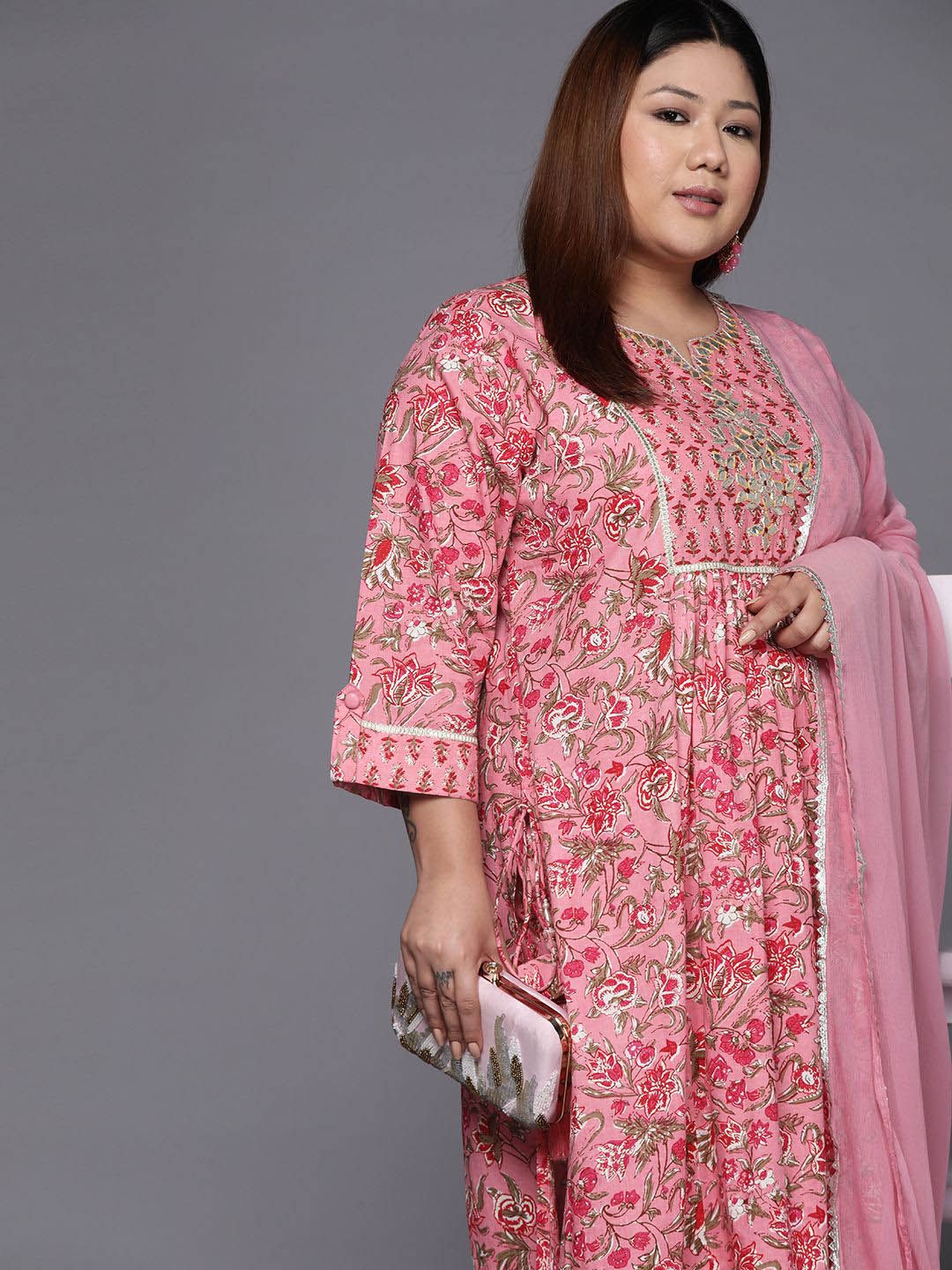 Sztori Plus Size Floral Printed Gotta Patti Cotton Straight Kurta & Trousers With Dupatta - Distacart