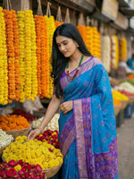 Thumbnail for Shree Shyam Fashion Blue Pochampally Silk Saree - Distacart