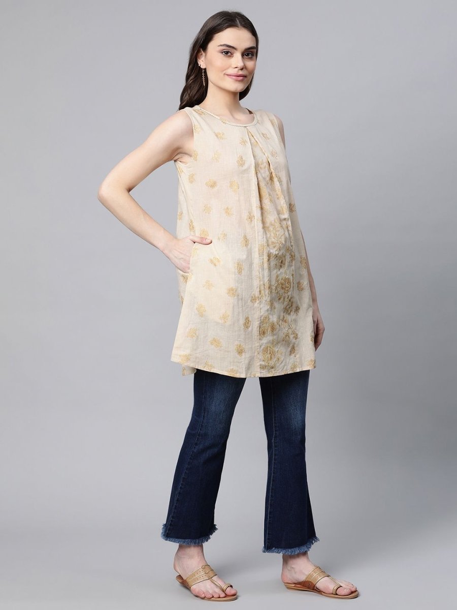 Ahalyaa Women Beige Pure Cotton Floral Printed Tunic - Distacart