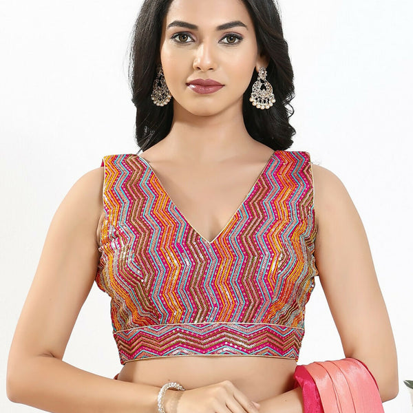 Joban Fashion Pink Multi Silk Padded Blouse With V Neck Sleeveless - Distacart