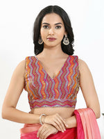 Thumbnail for Joban Fashion Pink Multi Silk Padded Blouse With V Neck Sleeveless - Distacart