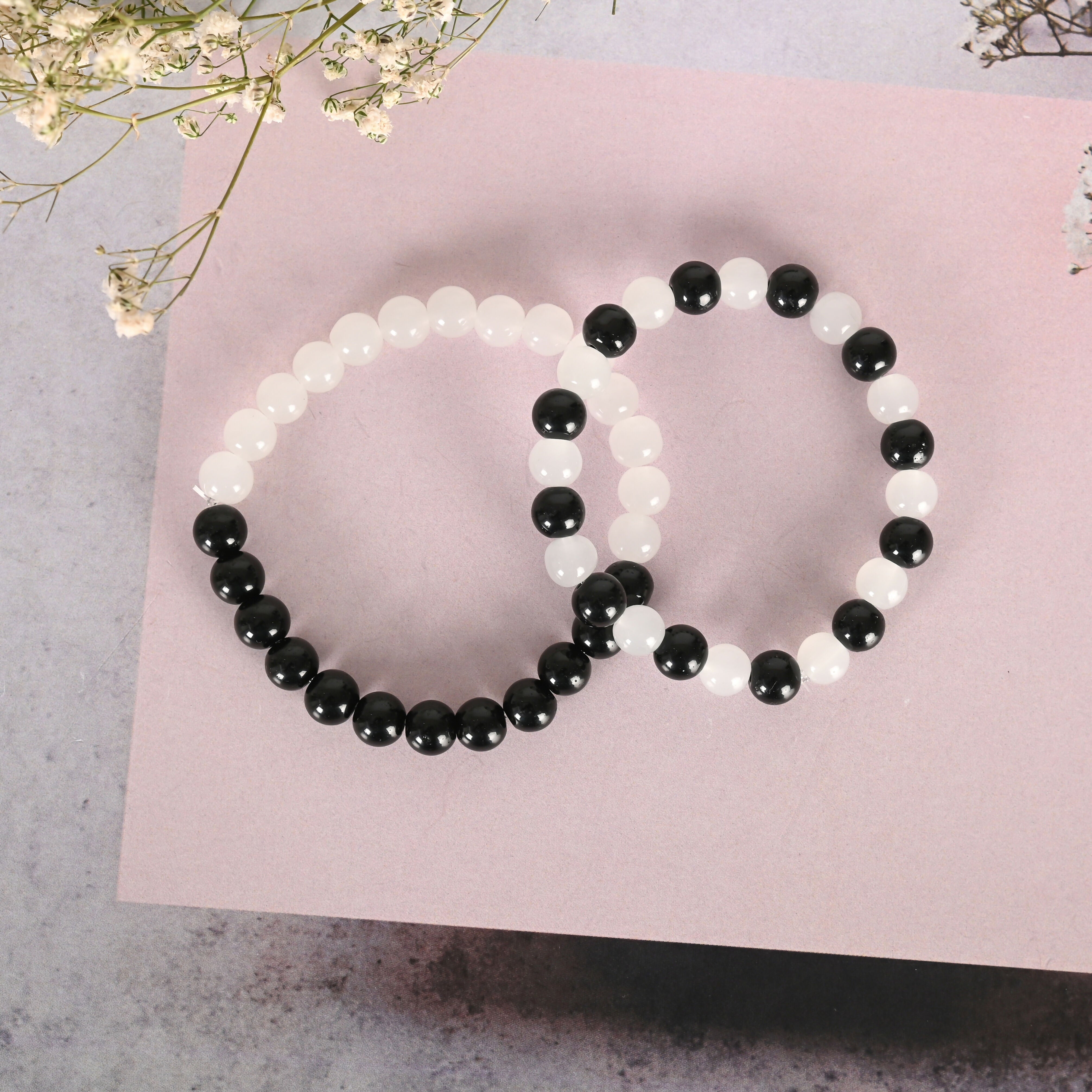 NVR Men & Women White & Black Marbel Crystal Elasticated Bracelet - Distacart