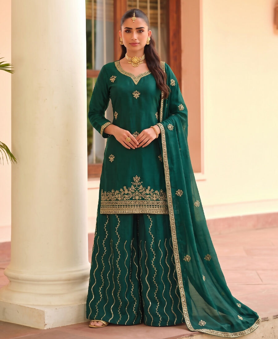 KC Green Ethnic Wear Ready Made Chinon Suit For Women - Dista
