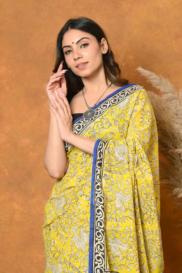Very Much Indian Handblock Printed Cotton Saree With Natural Dyes - Green - Distacart