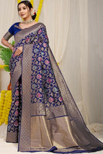 Thumbnail for Jyoti Fashion Women's Navy Blue Kanjivaram Silk Zari Woven Saree with Blouse - Distacart