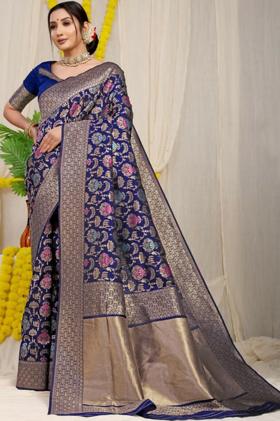Jyoti Fashion Women's Navy Blue Kanjivaram Silk Zari Woven Saree with Blouse - Distacart