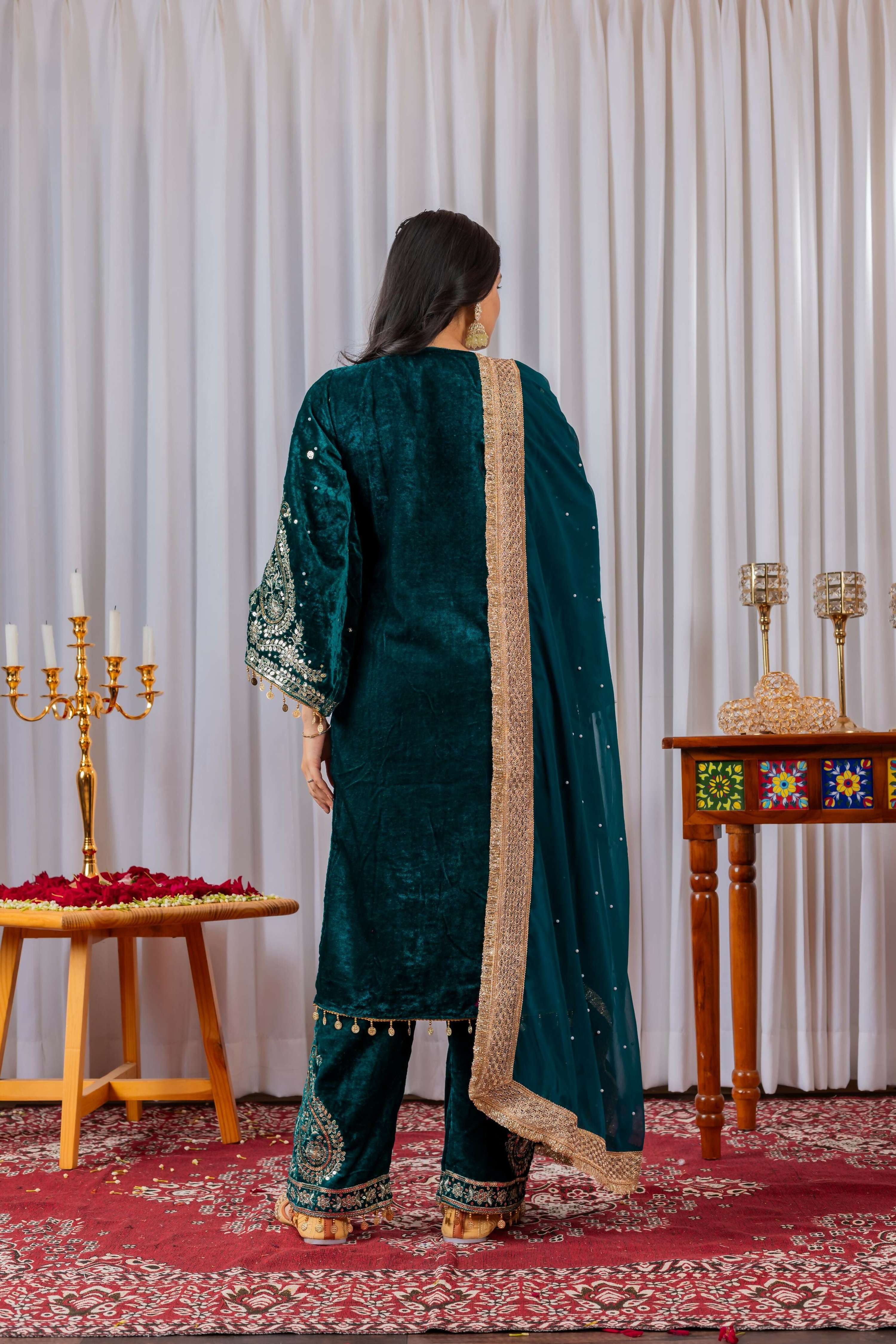 Joban Fashion Deep teal Velvet Embroidery Kurta Set