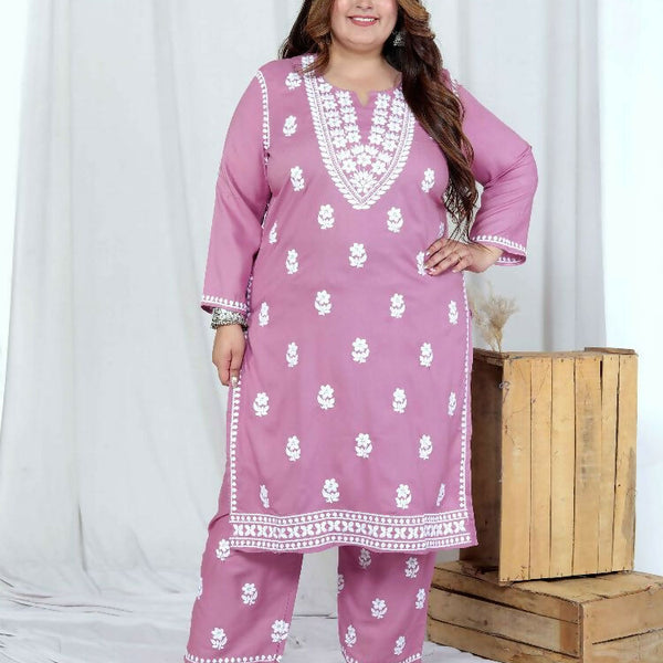 Miravan Womens Plus Size Pink Embroidered Kurta With Palazzo - Distacart