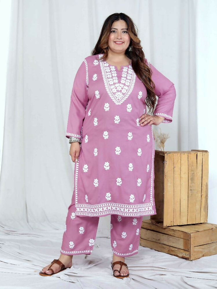 Miravan Womens Plus Size Pink Embroidered Kurta With Palazzo - Distacart