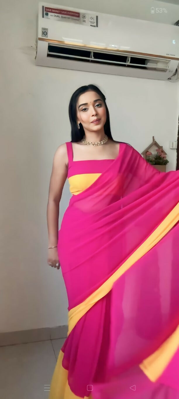 Malishka Satin Silk Printed Ready To Wear Saree With Blouse Piece - Pink - Distacart