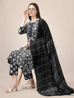 Thumbnail for Jyoti Fashion Women's Black Rayon Print with Embroidery & Fancy Lace Work Kurta with Trouser & Dupatta - Distacart
