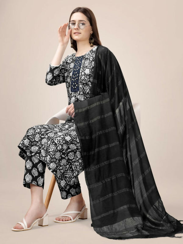 Jyoti Fashion Women's Black Rayon Print with Embroidery & Fancy Lace Work Kurta with Trouser & Dupatta - Distacart