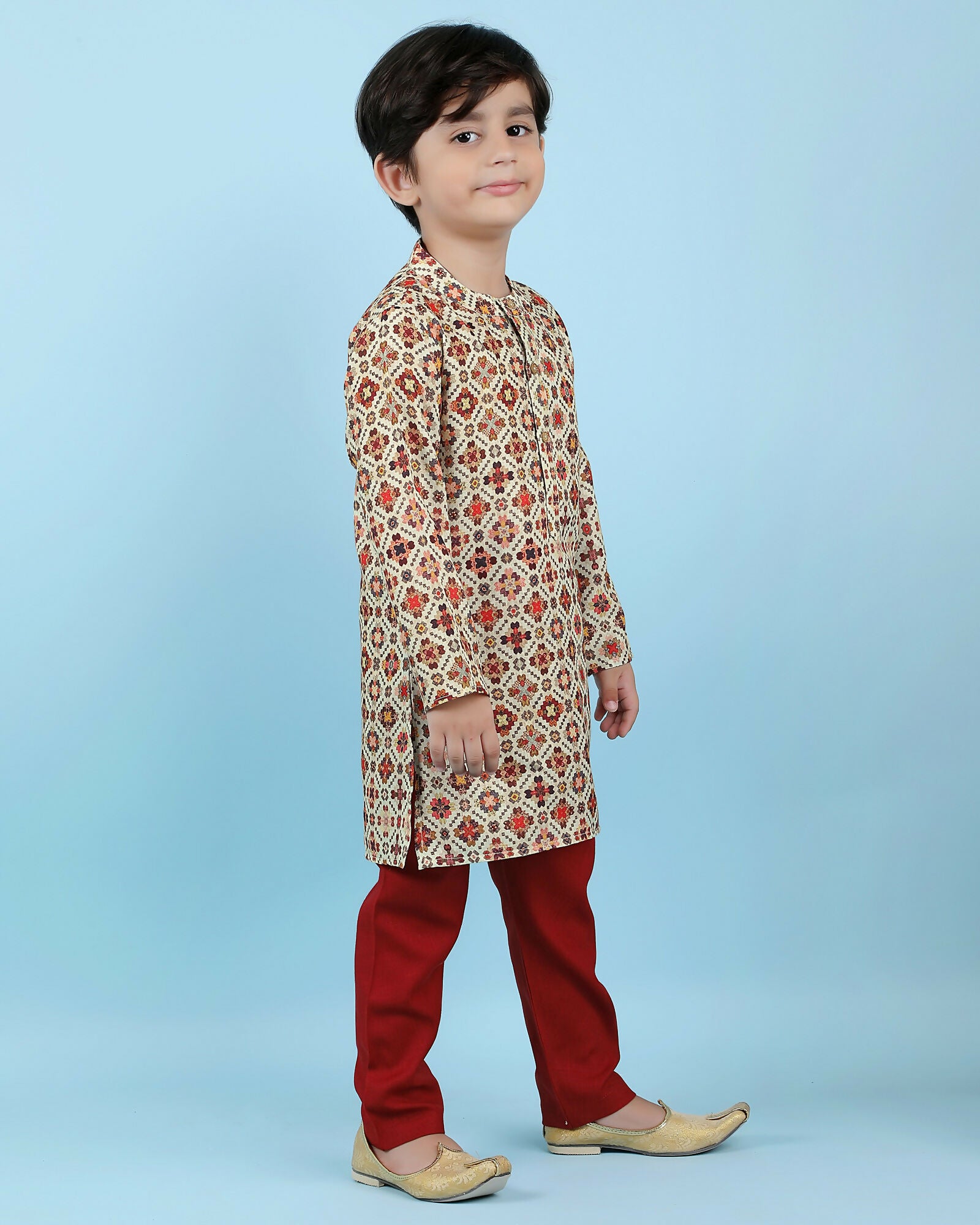 Joban Fashion Kids Island Cotton Full Sleeves Printed Kurta and Pyjama- Maroon - Distacart