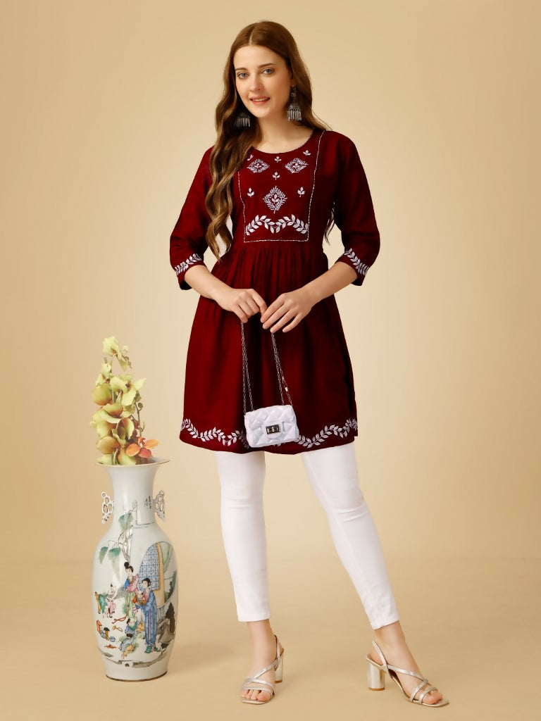 Jyoti Fashion Women's Maroon Viscose Rayon Embroidered Casual Top - Distacart