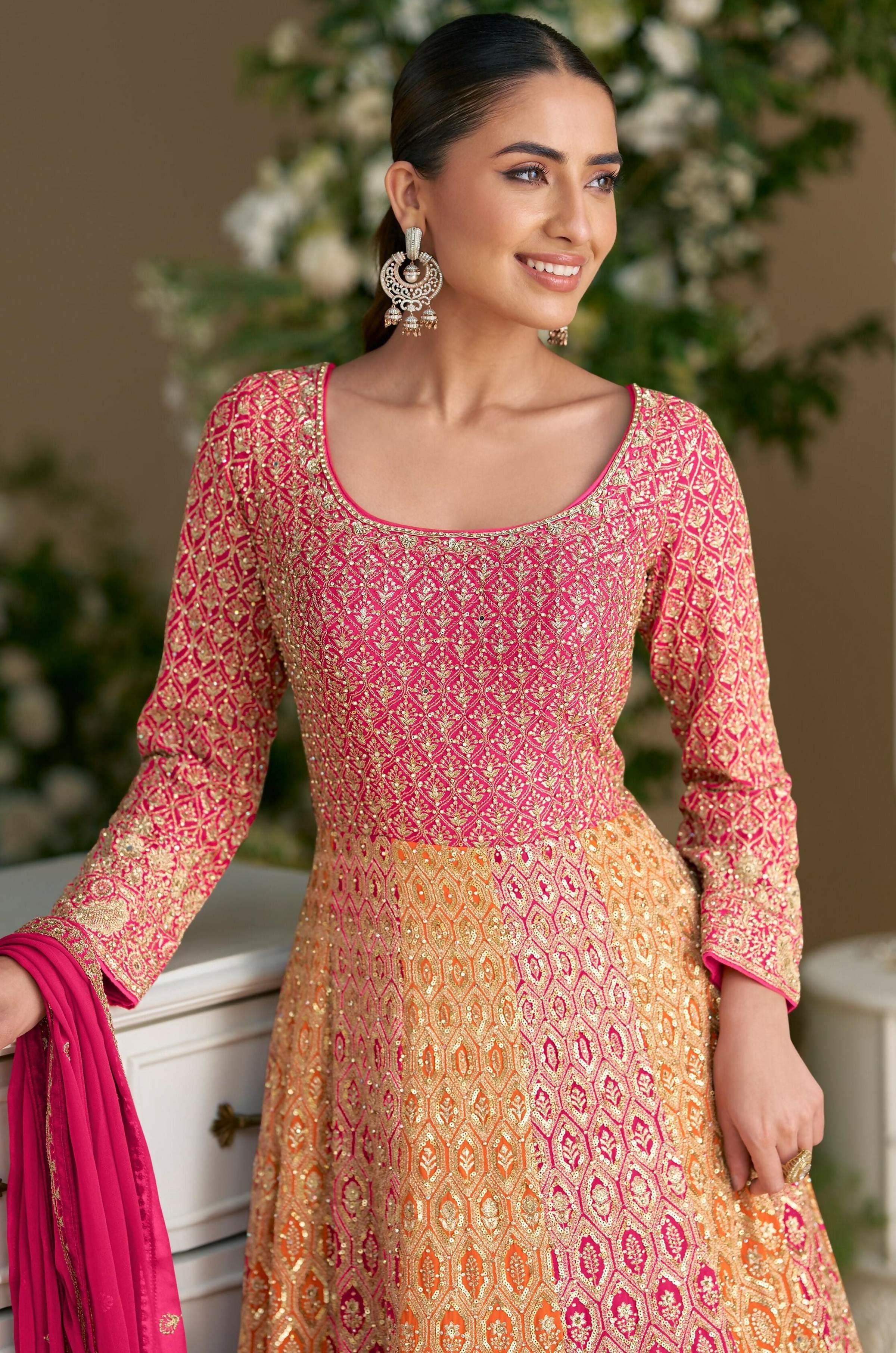 Anaita Peach Georgette Readymade Anarkali Suit with Embroidery Zarkan Work (Free Size) - Distacart