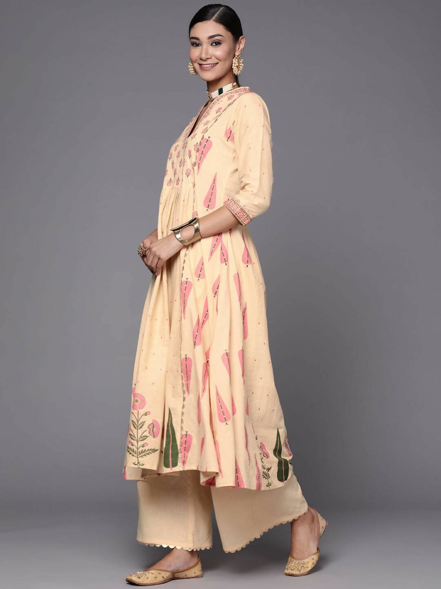 Ahalyaa Women Cream-Coloured & Pink Floral Print Pure Cotton Anarkali Kurta with Palazzos - Distacart