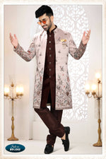 Thumbnail for Joban Fashion Men's Skin Brown Straight Silk Thread And Sequence Embroidery All Over 3 Pc Kurta Set - Distacart