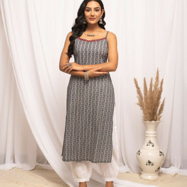 FIORRA Women's Strip Printed Black Cotton Straight Kurta - Distacart